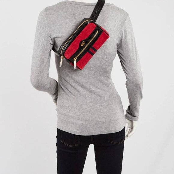 Gucci Red/Black Suede/Patent Leather Vintage Web Ophidia Small Belt Bag - Picture 3 of 12